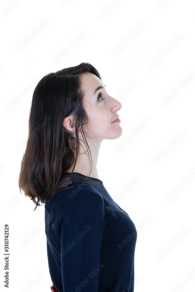 beautiful woman wearing casual blue shirt standing over isolated white background looking up beautiful woman wearing casual blue shirt standing over isolated white background looking up