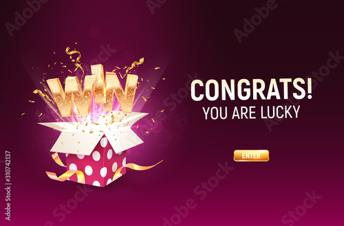  Win gold sign take off from open textured purple gift box on dark background. Gambling vector banner. Jackpot illustration template