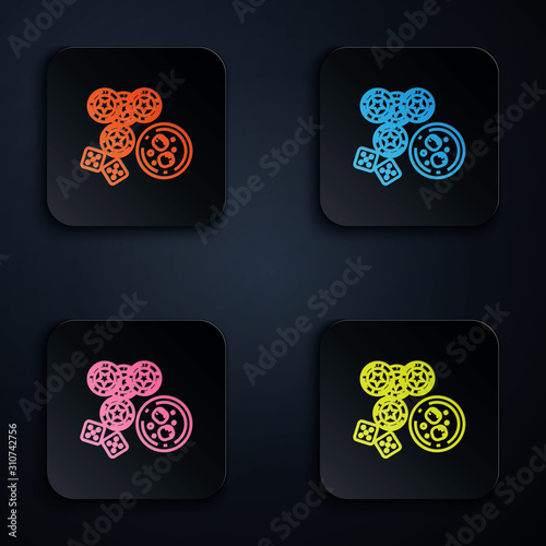 Color neon line Casino chips, game dice and glass of whiskey with ice cubes icon isolated on black background. Casino poker. Set icons in colorful square buttons. Vector Illustration