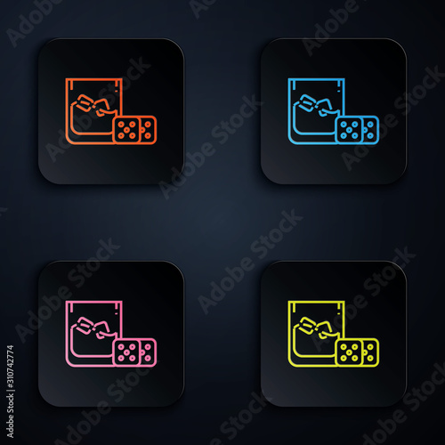 Color neon line Game dice and glass of whiskey with ice cubes icon isolated on black background. Casino gambling. Set icons in colorful square buttons. Vector Illustration