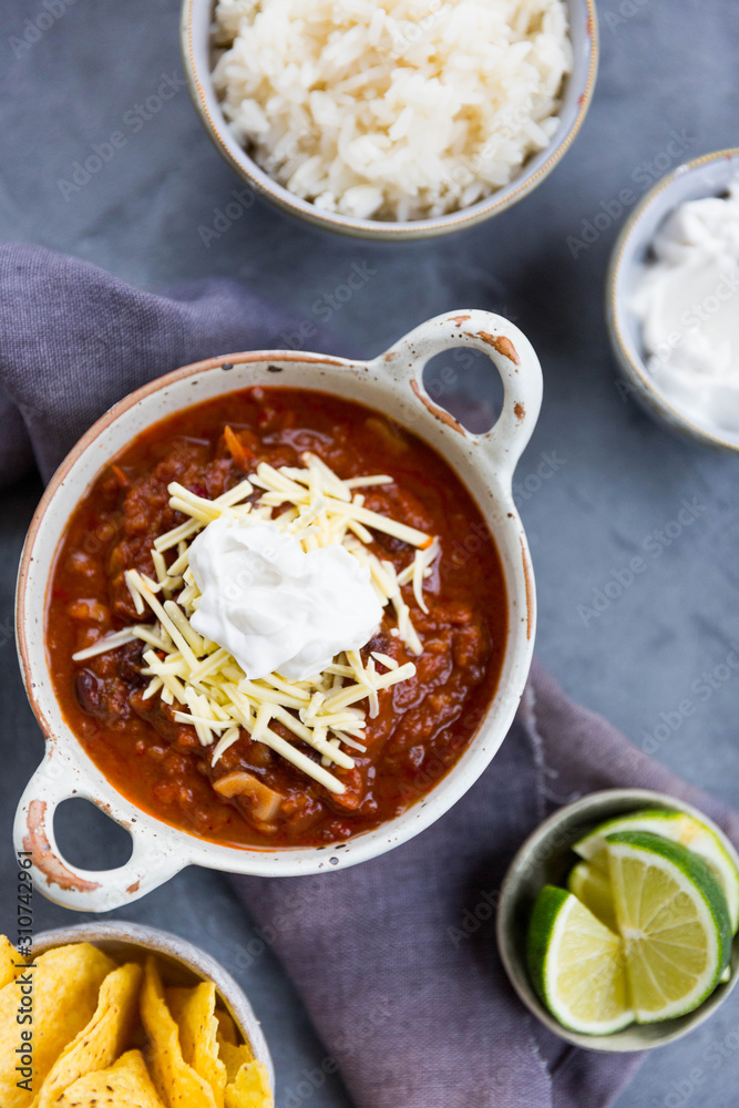 A bowl of vegan chilli made using jack fruit. A bowl of vegan chilli made using jack fruit.