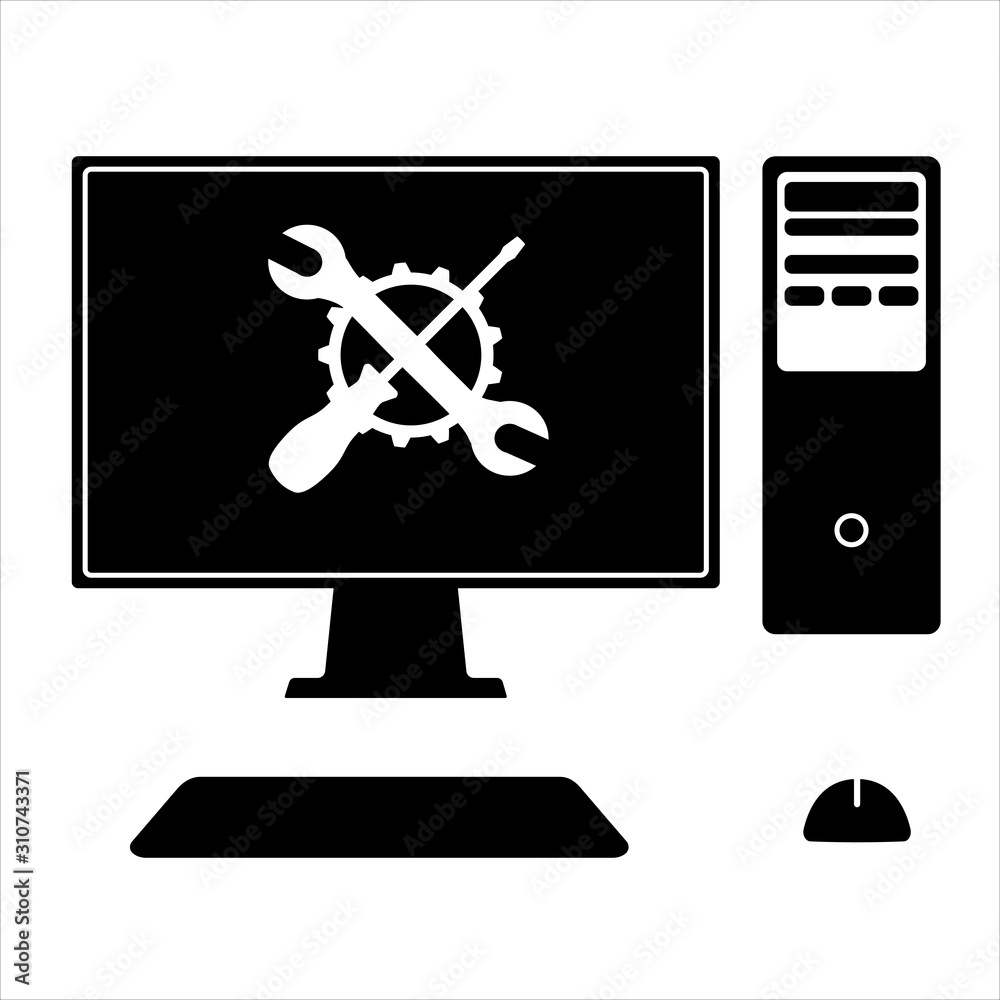 Computer icon with wrench and screwdriver on screen. Computer repair services, settings, technical support concepts. Computer icon with wrench and screwdriver on screen. Computer repair services, settings, technical support concepts.