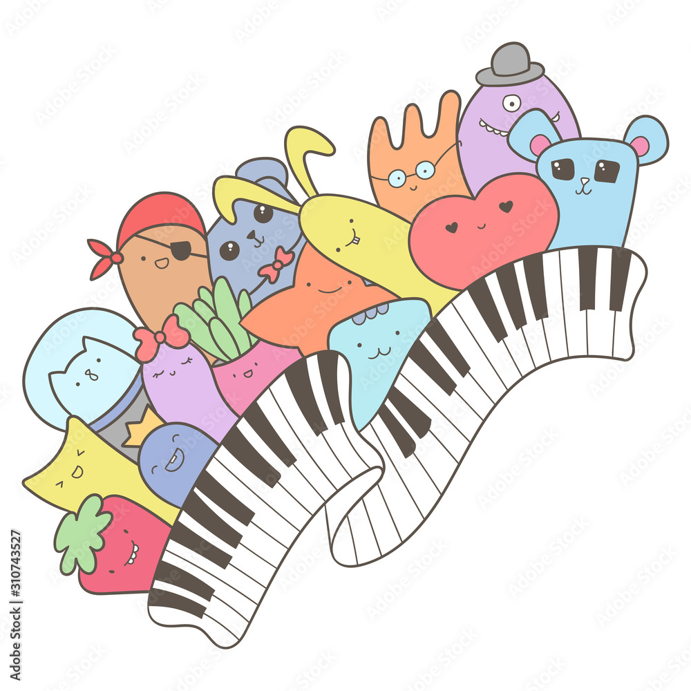 Musical doodle illustration. Piano keys with colorful kawaii creatures,  cute monsters and animals. Pattern for design print. Easy to change color  inside of objects. Stock Vector | Adobe Stock