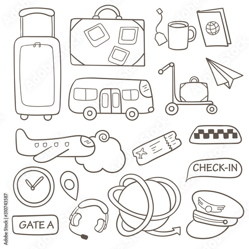 Doodle set with airport objects. Travel items in cartoon outline. Easy to change color. 