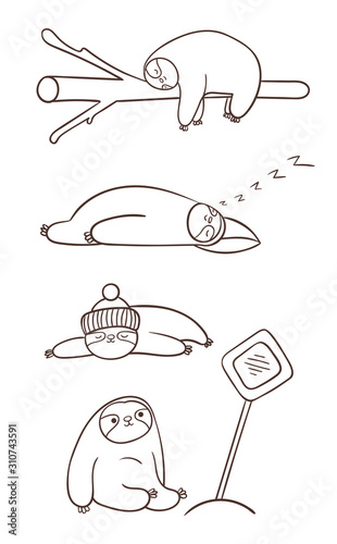 Cute cartoon sloth sleeping on a branch, pillow and floor, looking at the road sign.  Doodle sloth in various poses. Easy to change colors inside of objects.