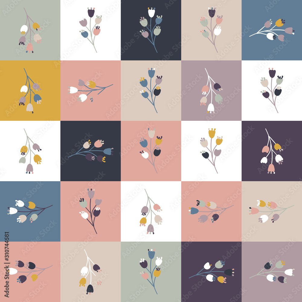 Square floral random girly seamless truchet graphic swatch. Botanical elements in tiles randomly arranged in a mosaic. Seamless repeat vector pattern motif.