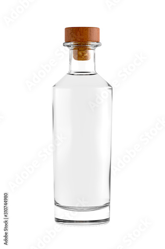Clear Glass Bottle for Cognac or Brandy with Transparent Liquid. 3D Close Up Illustration Isolated on White Background.