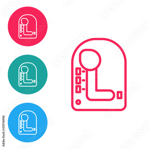 Red line Gear shifter icon isolated on white background. Transmission icon. Set icons in circle buttons. Vector Illustration