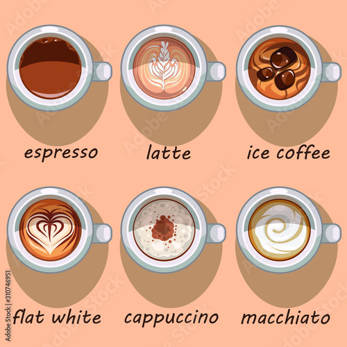 Set of six different sorts of coffee in white cups