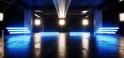 Fototapeta Naklejka Na Ścianę i Meble -  Futuristic Sci Fi Tunnel Corridor Hallway Underground Garage Grunge Studio Concrete Podium Construction Cyber Virtual Neon Fluorescent Led Lights Glowing Blue 3D Rendering