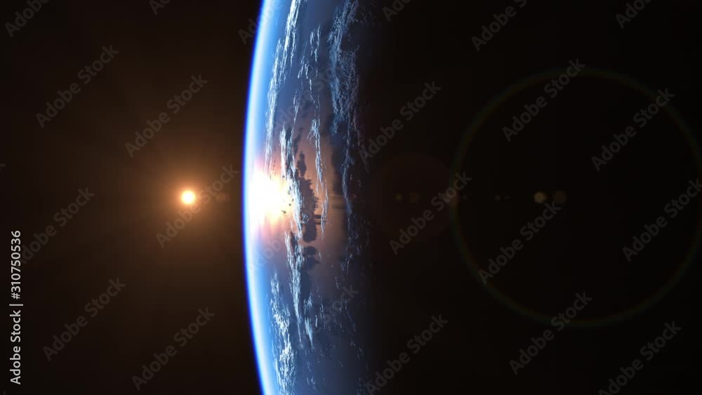 Sun Above Planet Earth. View From Outer Space. Ultra High Definition. 4K. 3840x2160. Seamless Looped. Realistic 3d Animation.