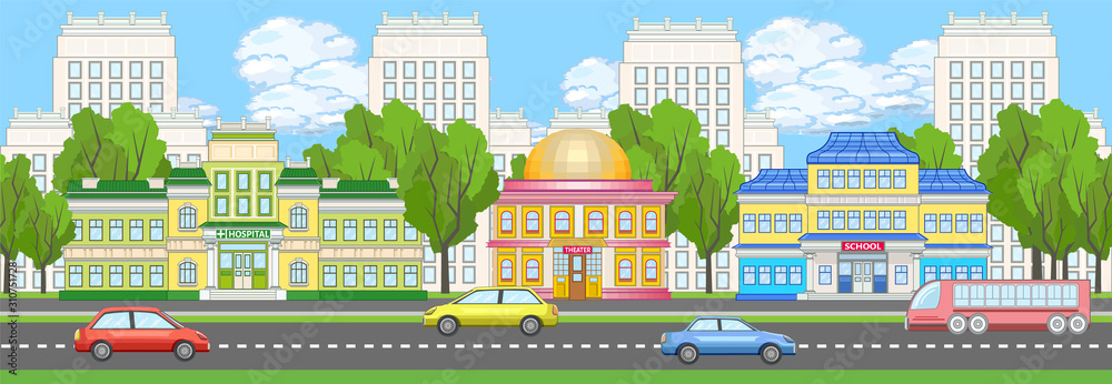 Colored urban landscape with hospital, theater, school and apartment houses. City street downtown billboard. Panorama with modern buildings and skyscrapers near the road with cars and buses.
