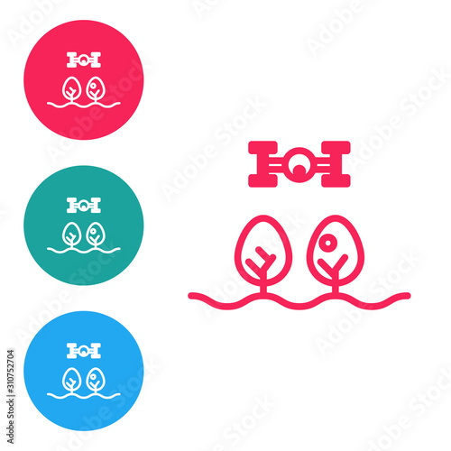 Red line Smart farm with drone control and tree icon isolated on white background. Innovation technology for agricultural company. Set icons in circle buttons. Vector Illustration