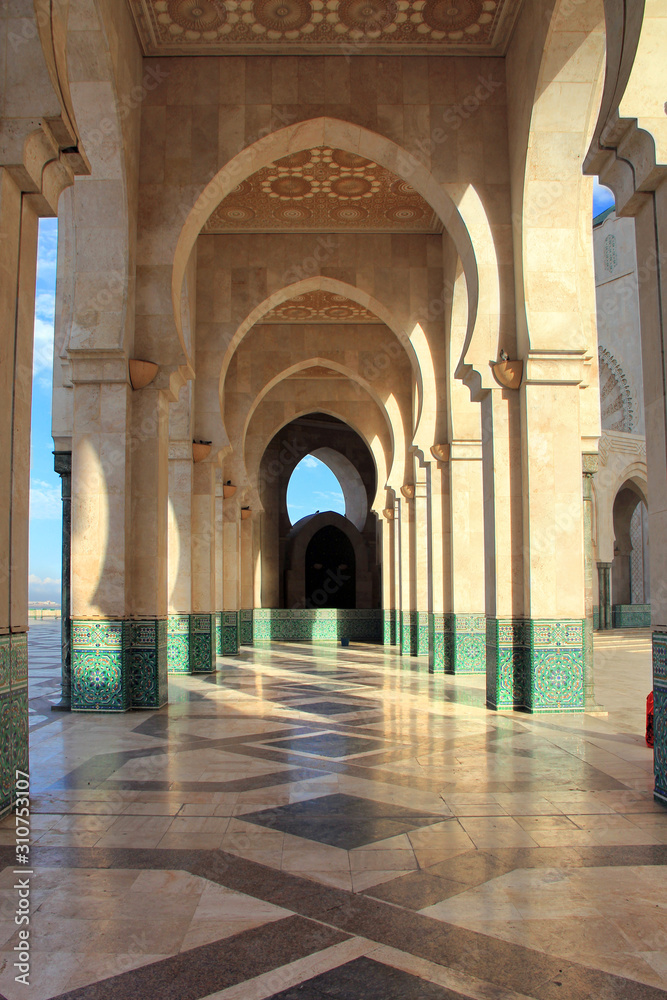 Beautiful marble columns in the Hassan II Mosque in Casablanca, Morocco.