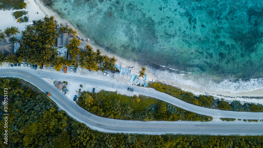 boat parking on the beach of caribbean sea shot with drone boat parking on the beach of caribbean sea shot with drone