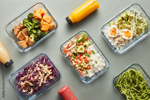 Prepared meal in glass containers for work photo