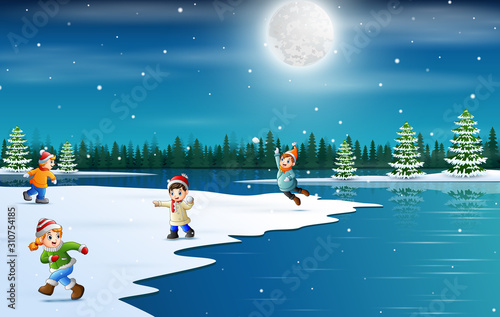 Winter vacation with children playing snow