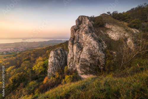 Colorful Autumn Sunset as Seen from Rocky Hill in Palava Protected Area near Mikulov in South Moravia, Czech Republic