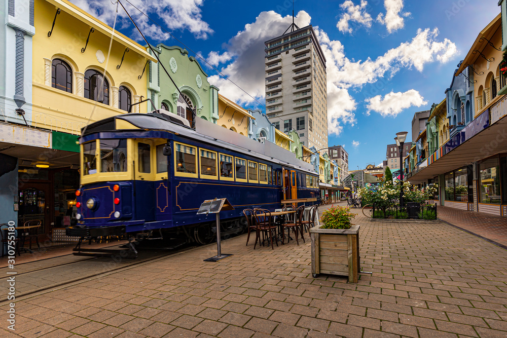 New Zealand, South Island. Christchurch, Canterbury Region. Tram at New Regent Street