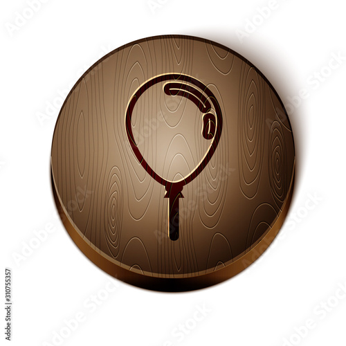 Brown line Balloon with ribbon icon isolated on white background. Wooden circle button. Vector Illustration