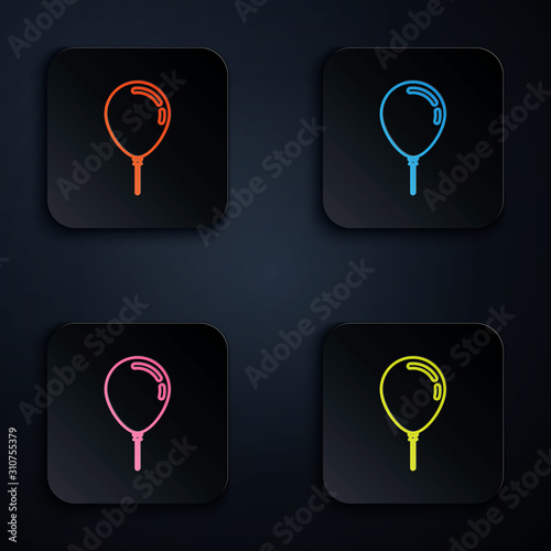 Color neon line Balloon with ribbon icon isolated on black background. Set icons in colorful square buttons. Vector Illustration