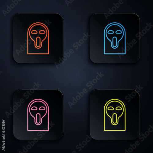 Color neon line Funny and scary ghost mask for Halloween icon isolated on black background. Happy Halloween party. Set icons in colorful square buttons. Vector Illustration