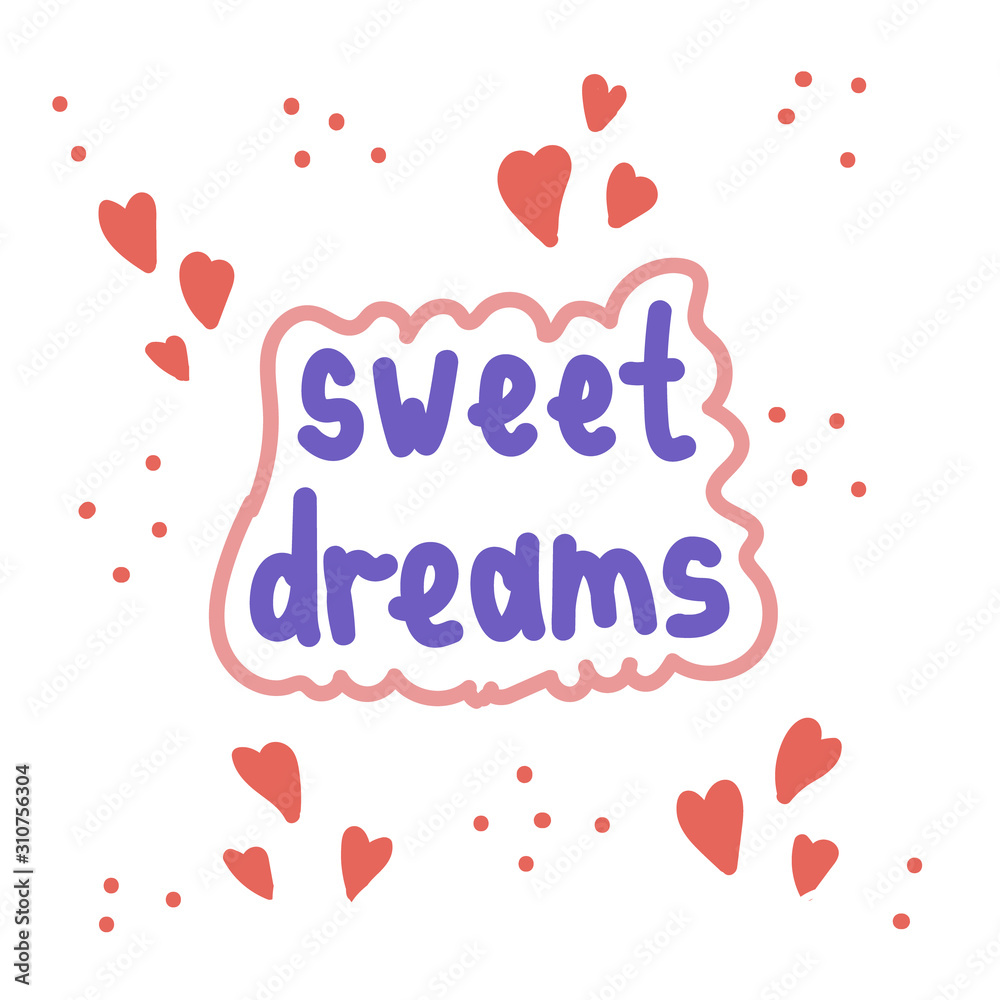 sweet dreams hand drawn color lettering with flat hearts and dots. vector illustration.