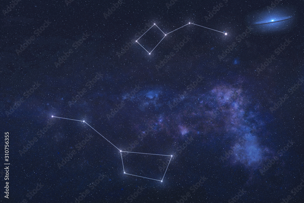 Ursa major and Ursa Minor Constellations in outer space. Zodiac Sign Ursa major and Ursa Minor constellation lines. Elements of this image were furnished by NASA
