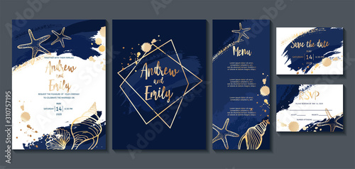 Wedding invitation card with abstract navy blue background and gold seashells. Menu card, Save the Date and RSVP card templates