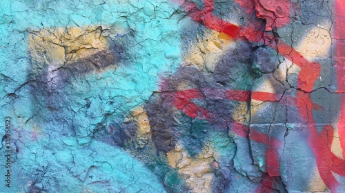 Detail of a cracked concrete wall and peeling paint