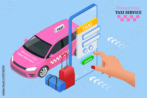 Women Only Taxi Service concept. Smartphone and touchscreen.