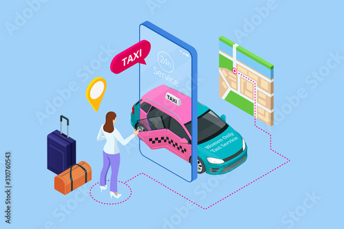 Women Only Taxi Service concept. Smartphone and touchscreen.