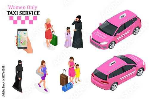 Women Only Taxi Service concept. Smartphone and touchscreen.
