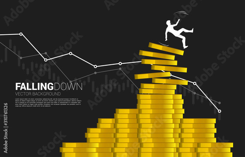 silhouette of businessman slip and falling down from stack of money coin. Concept for fail and accidental business