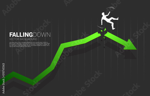 silhouette of businessman slip and falling down from cracking growing arrow. Concept for fail and accidental business