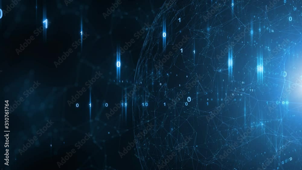 Concept cyberspace network sphere with sunlight and binary numbers motion background.