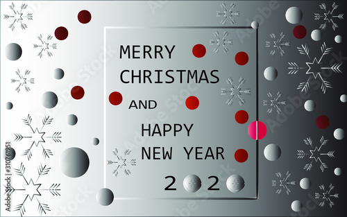 Merry Christmas and Happy 2020 New Year greeting card or banner template with realistic Christmas balls, stars and sequins.