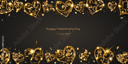 Valentine's day card with shiny hearts of golden sparkles with glares and shadows on dark background
