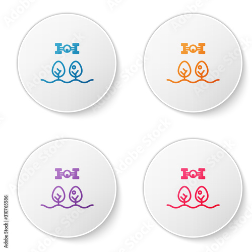 Color line Smart farm with drone control and tree icon isolated on white background. Innovation technology for agricultural company. Set icons in circle buttons. Vector Illustration