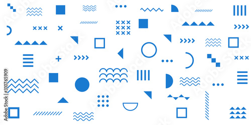 Memphis Simple Blue Abstract Circle Line Rectangle Box Arrow Cross Mountain River Pie Egypt Basic Shape Background For shirt