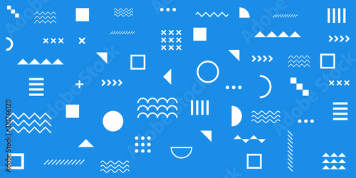 Memphis Simple Blue Abstract Circle Line Rectangle Box Arrow Cross Mountain River Pie Egypt Basic Shape Background For shirt