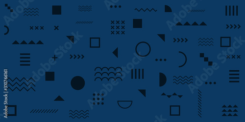 Memphis Simple Blue Abstract Circle Line Rectangle Box Arrow Cross Mountain River Pie Egypt Basic Shape Background For shirt