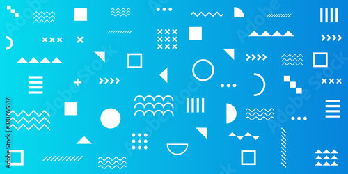 Memphis Simple Blue Abstract Circle Line Rectangle Box Arrow Cross Mountain River Pie Egypt Basic Shape Background For shirt