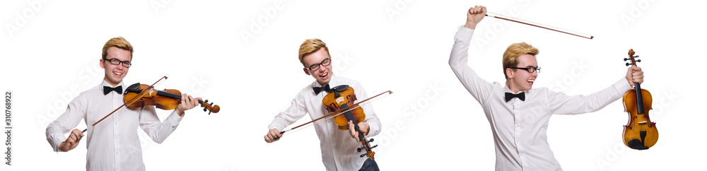 Young funny violin player isolated on white Young funny violin player isolated on white