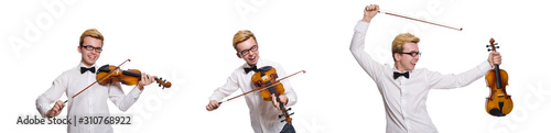 Young funny violin player isolated on white