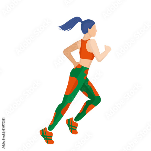 A girl in a tracksuit is running. Doing sports. Art concept of a running woman. Woman daily life, everyday. Flat modern color vector isolated illustration.