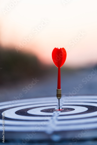 Close up red dart arrow hitting target center dartboard on sunset background
