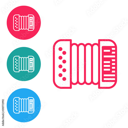 Red line Musical instrument accordion icon isolated on white background. Classical bayan, harmonic. Set icons in circle buttons. Vector Illustration