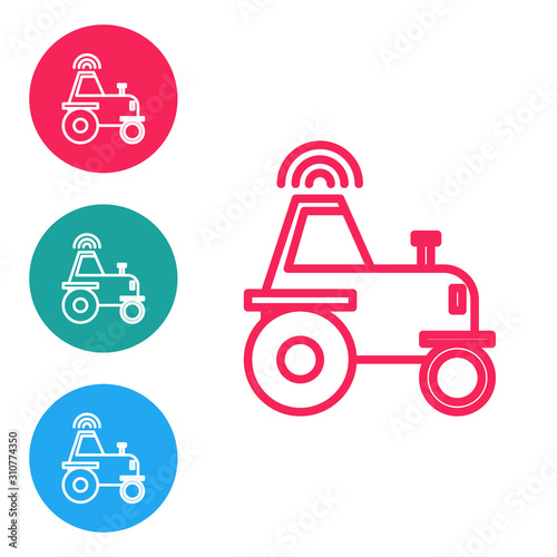 Red line Self driving wireless tractor on a smart farm icon isolated on white background. Smart agriculture implement element. Set icons in circle buttons. Vector Illustration