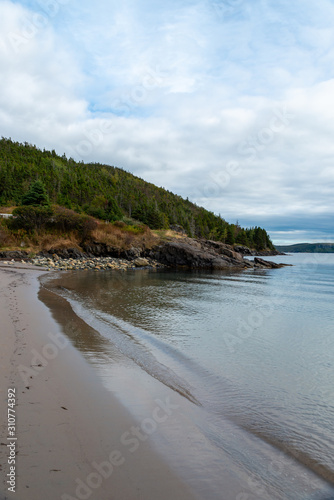 Sandy beach in the foreground with a hill covered in trees in the background. The sky is blue with clouds and the ocean is smooth with a ripple of water rolling in on the beach.